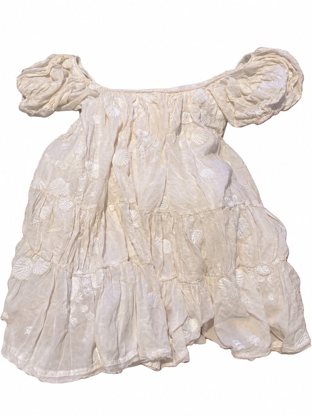 Free People Boho Tiered Off-the-Shoulder Dress in Cream with White Embroidery